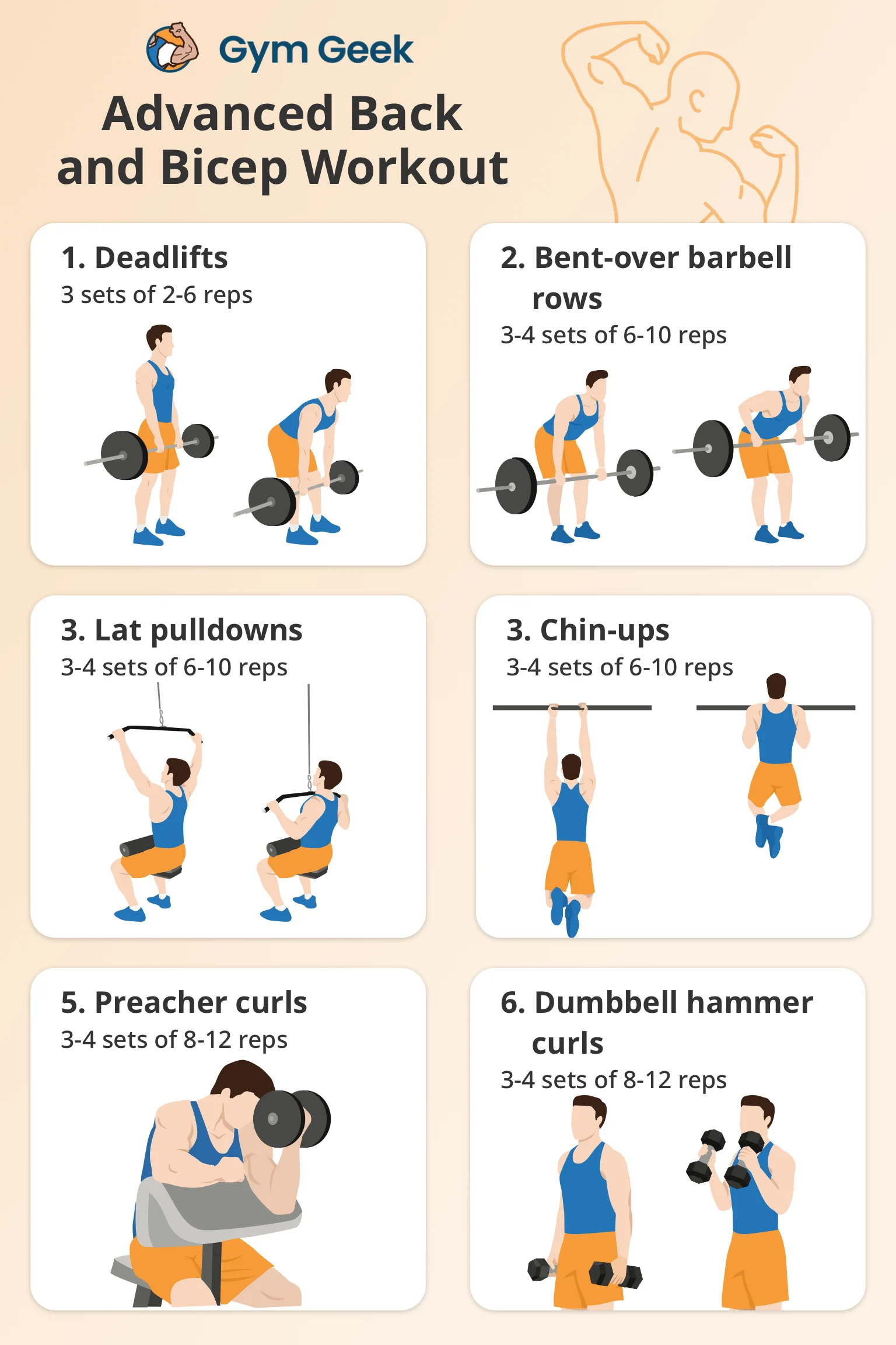 infographic - Advanced back and bicep workout routine (6 exercises)