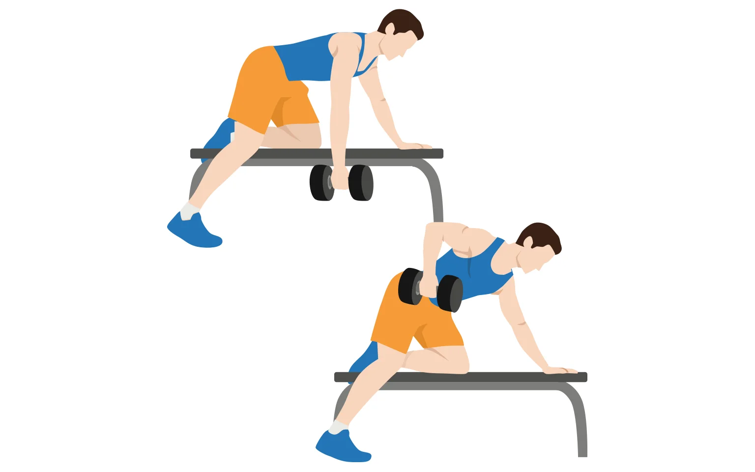 Diagram showing man performing single-arm dumbbell rows