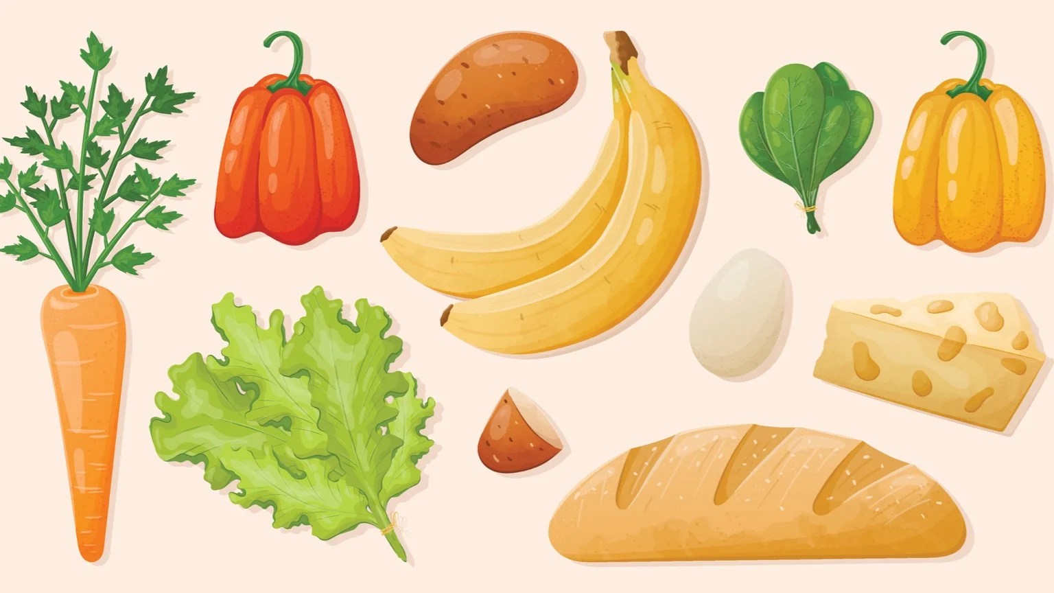 Some foods high in carbohydrates, including fruits and vegetables and bread.