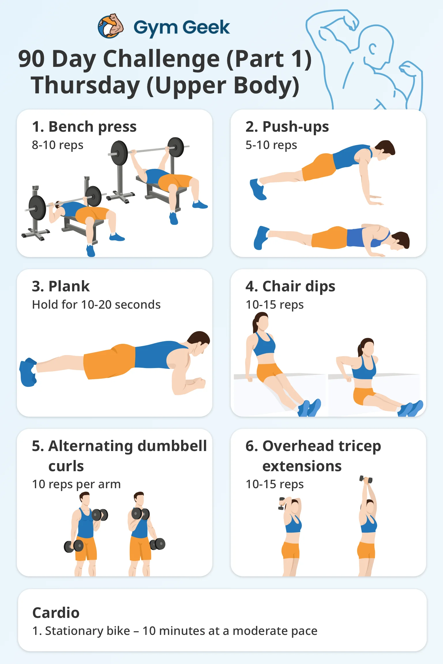 infographic - 90 day workout challenge, stage 1, Thursday (Upper Body)