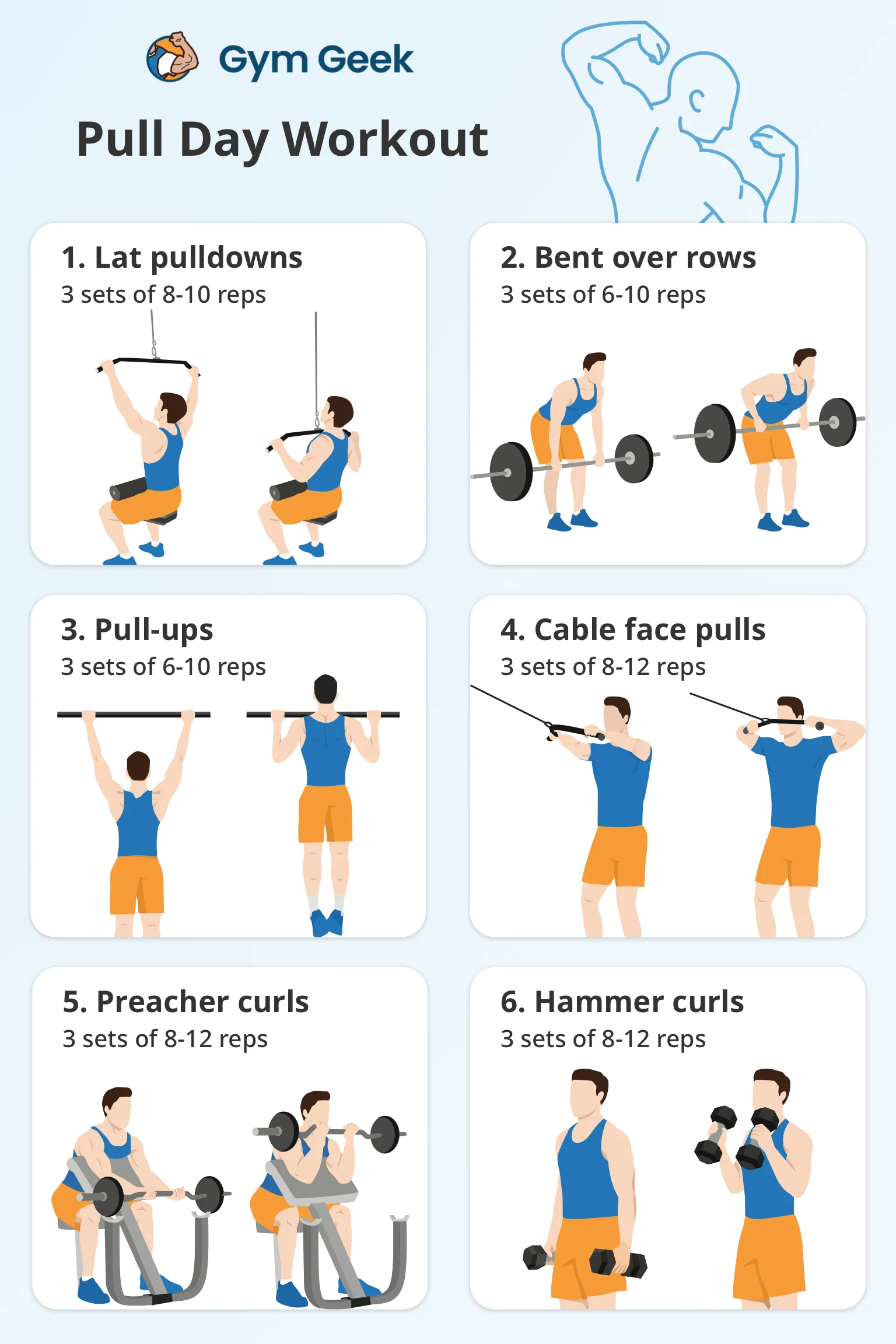 infographic - Breakdown of the pull day workout, featuring 6 exercises.