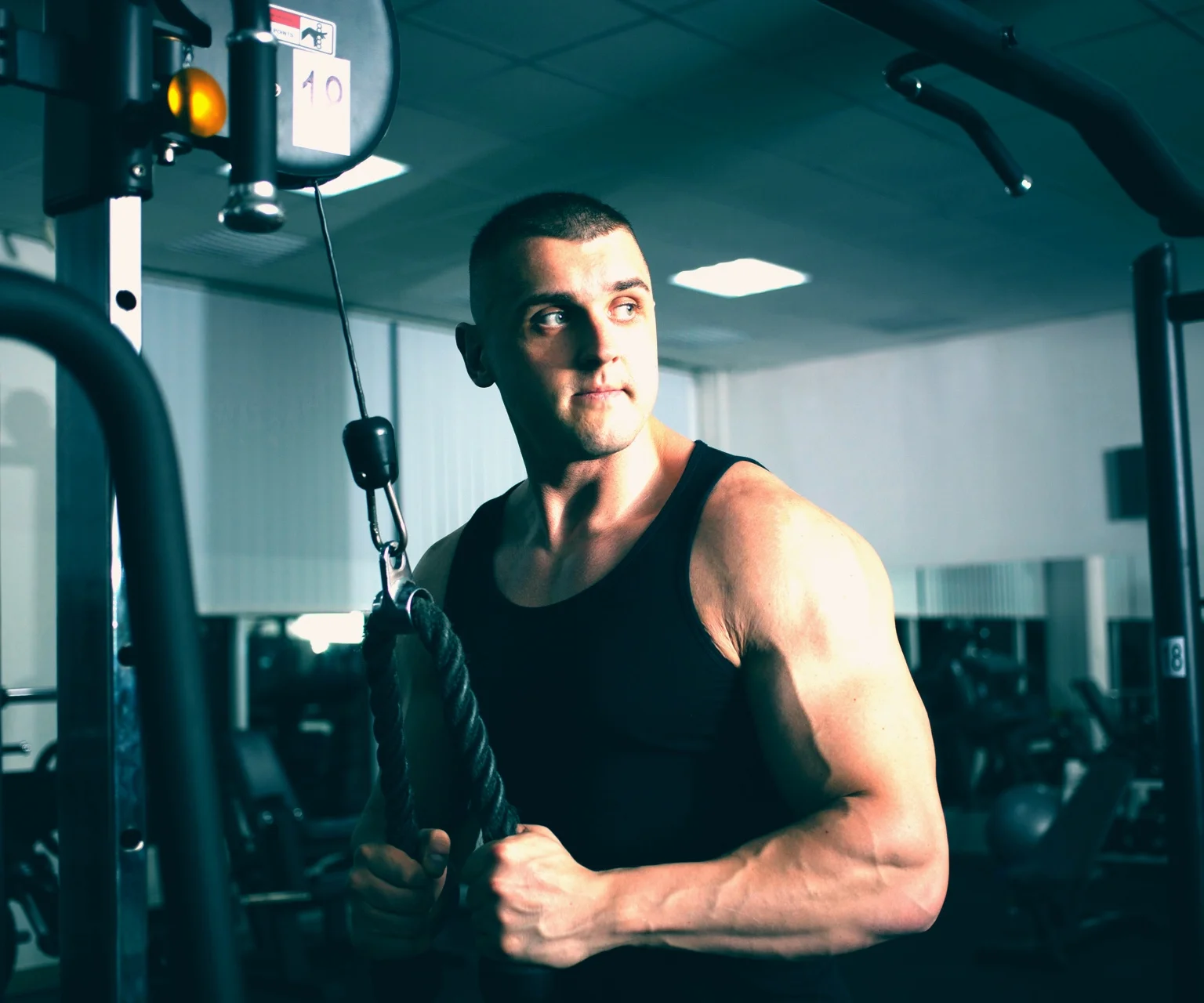 photo - Man performs a rope tricep pushdown