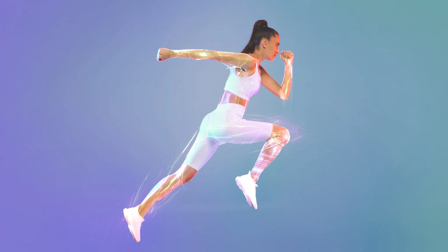 photo: Futuristic-looking athletic woman sprints forwards