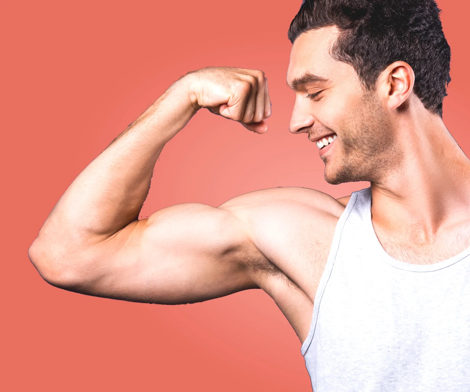 photo - Man flexes his arm muscles. Gym Geek AI can generate an arm day workout, as well as workouts for an body part or muscle group.