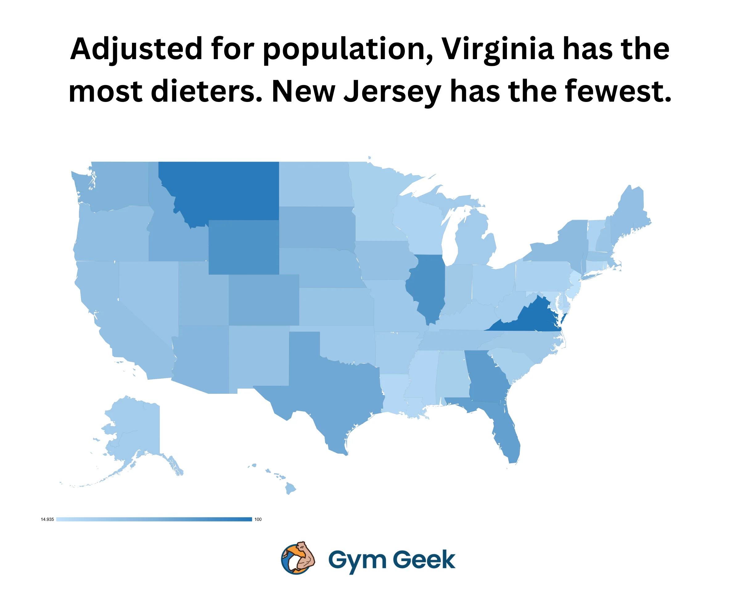 Chart - Geo map showing that, adjusted for population, Virginia has the most dieters. New Jersey has the fewest.