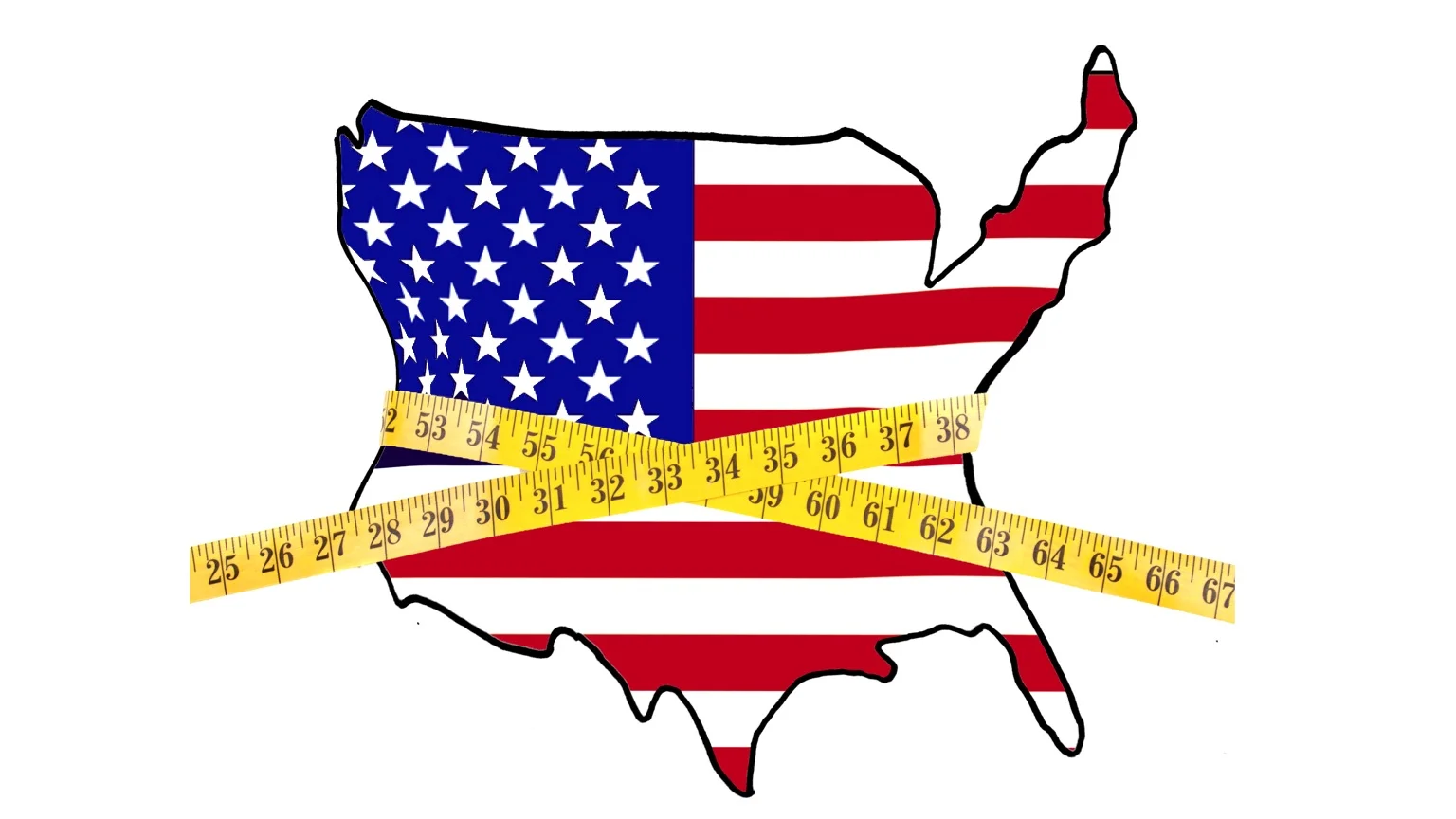 Illustration - Showing a map of the united states surrounded with a measuring tape. The map is distorted to make it appear like a waistline.