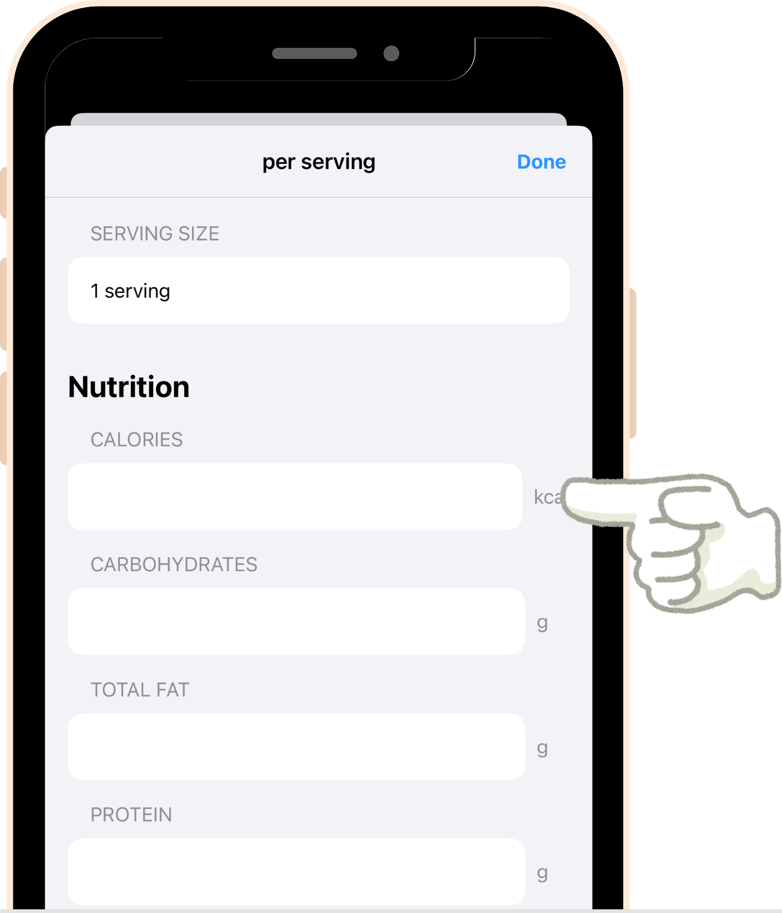 screenshot - Step 2 of adding a new food item. In the Per Serving modal, enter the number of calories, and (optionally) the carbohydrates, total fat and protein per serving, in grams.