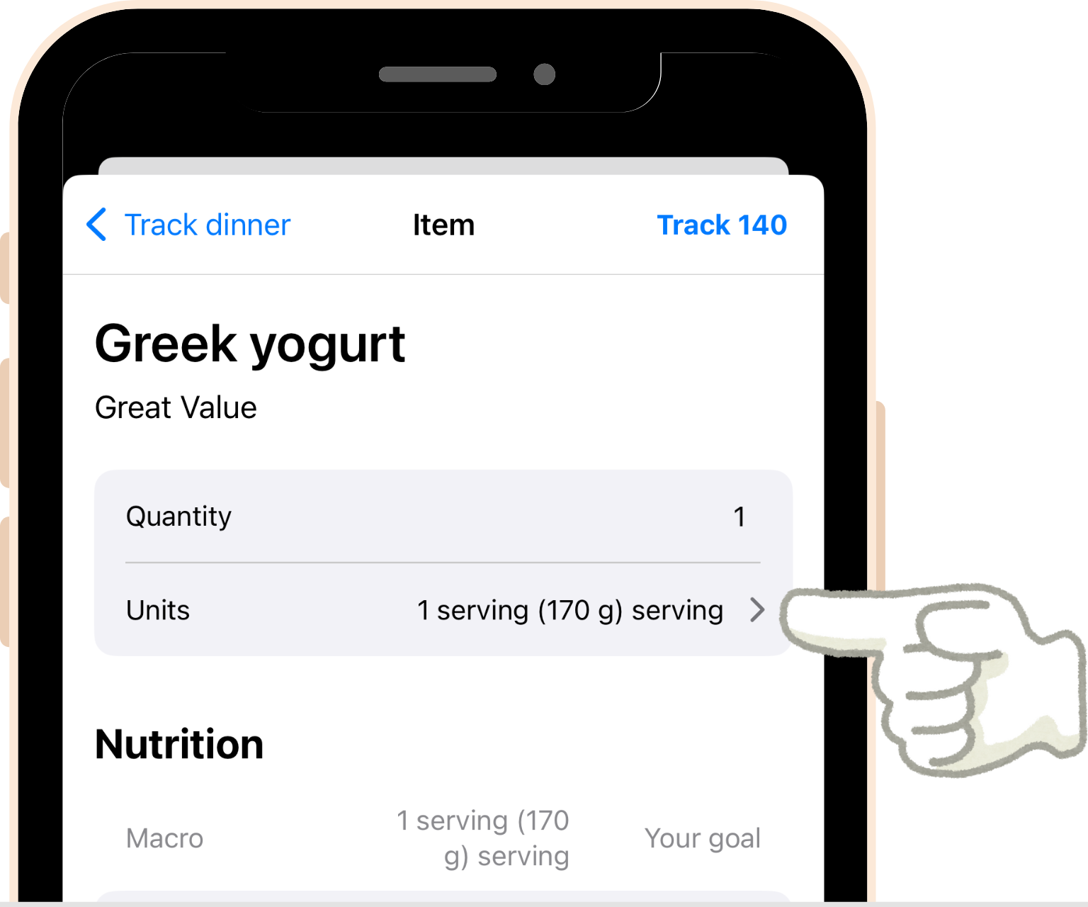 screenshot - The food detail screen allows you to adjust the quantity and units of the tracked food. Simply click the Units button to select an alternative unit, serving as per serving or per gram.