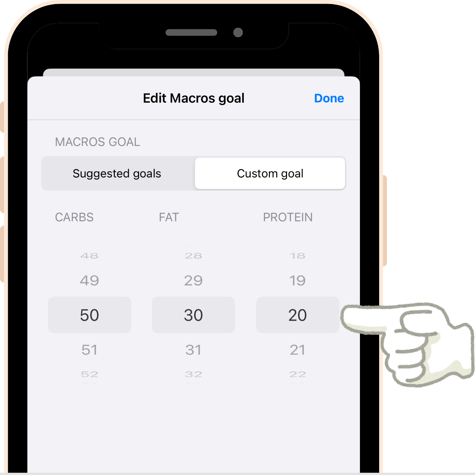 screenshot - On the Edit Macros Goal modal, select the Custom Goal tab. You can then use the sliders for carbs, fat and protein to set a custom macro ratio. This ratio is as a percentage of your daily calorie goal.