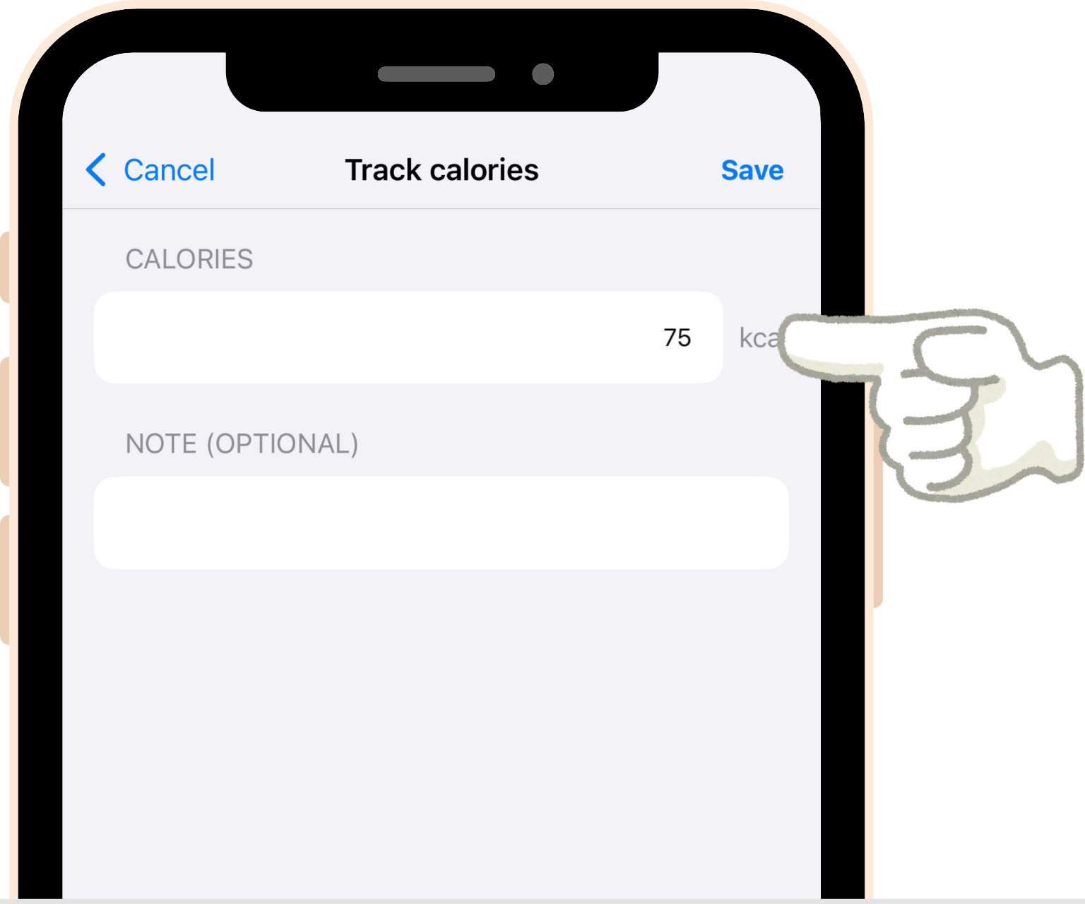 screenshot - Clicking the quick track button (#) will open the Track calories screen. You can enter an arbitrary number of calories in kcal, and add an optional note to the quick tracked item.