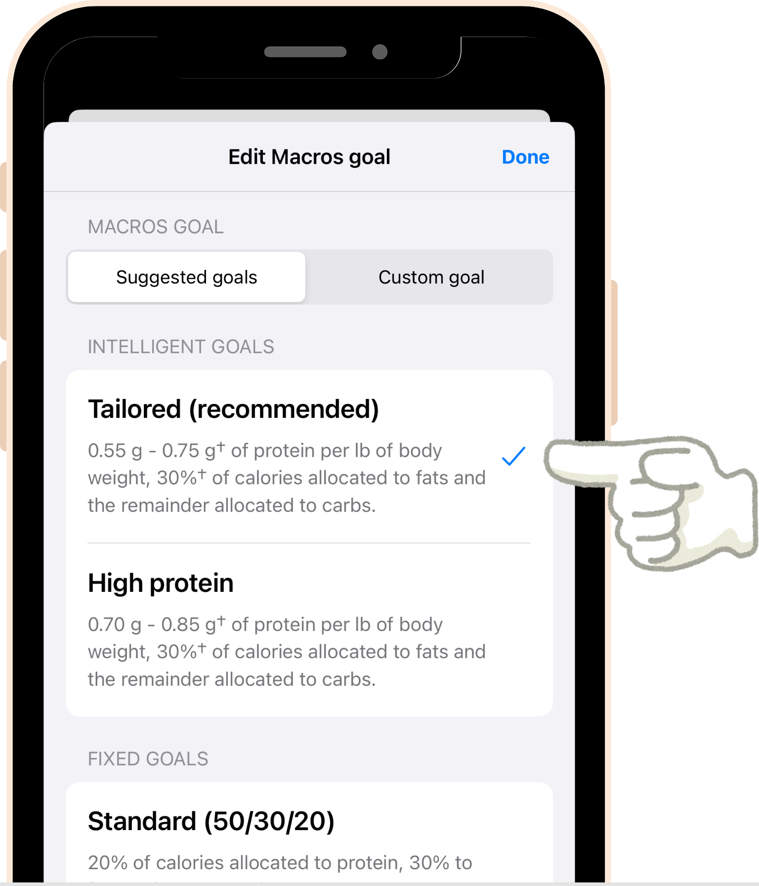screenshot - On the Edit Macro goals modal, you can choose one of two intelligent macro goals. Choose either Tailored or High protein.