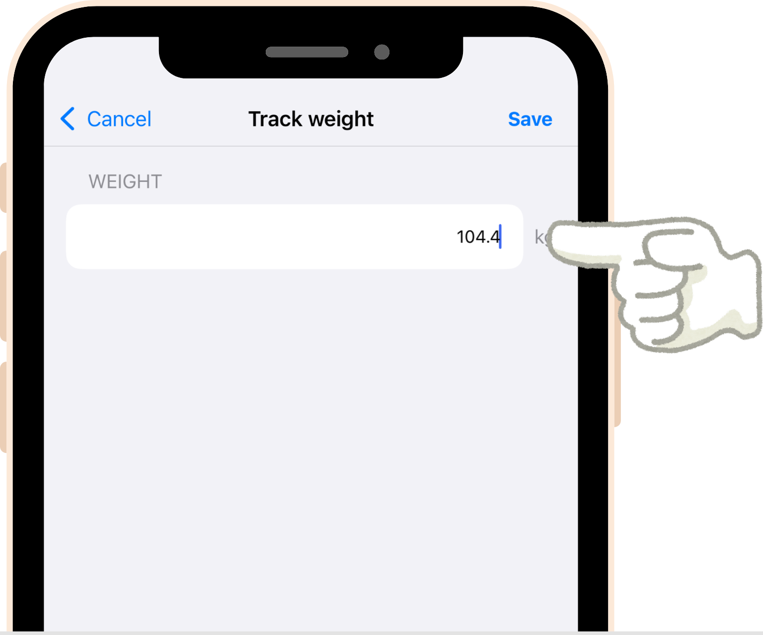 screenshot - In the Track Weight modal, enter your weight. The screenshot shows input in kilograms, but your current weight will match the units of your target weight, which you can change from Settings.