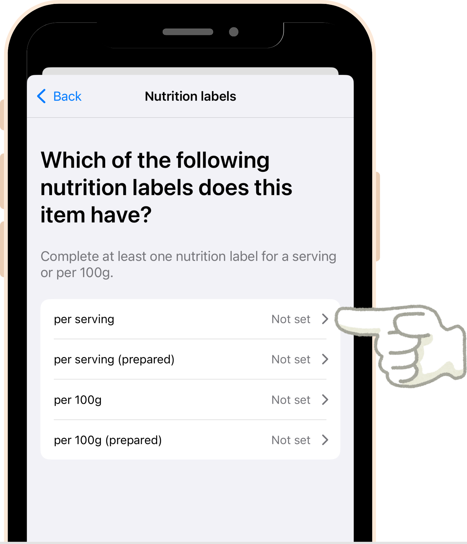 screenshot - Step 2 of adding a new food item. Select one of the serving or per 100g options to enter a nutrition label.