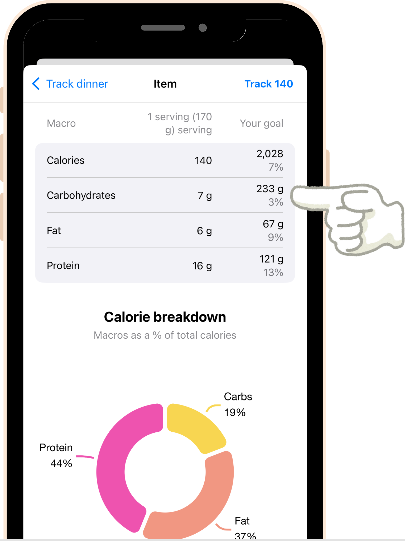 screenshot - The food detail screen contains a macronutrient table listing calories, carbohydrates, fat, protein. The figures are displayed per chosen quantity and as a percentage of your daily goal.