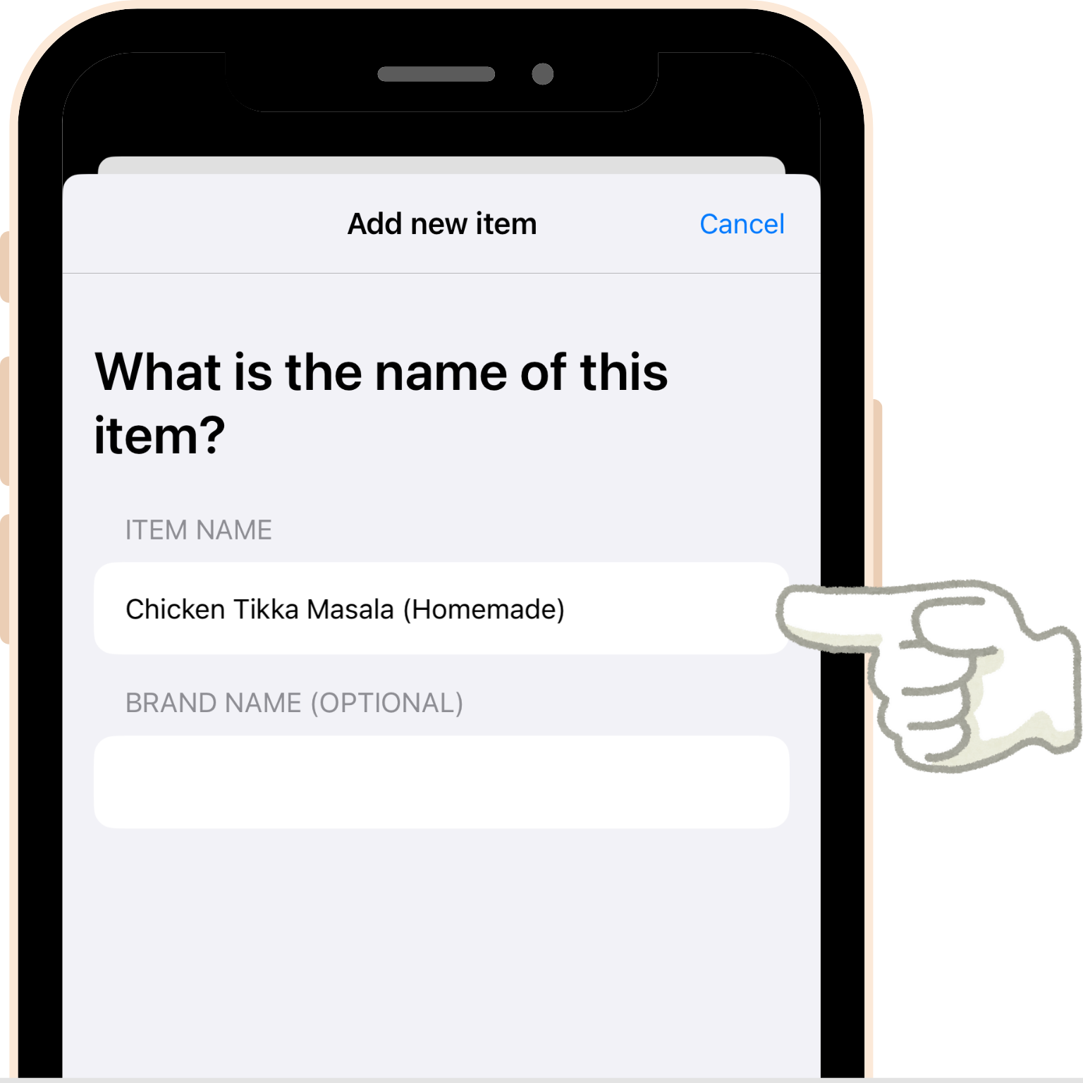 screenshot - Step 1 of adding a new food item. Enter the item name (required) and brand name (optional).