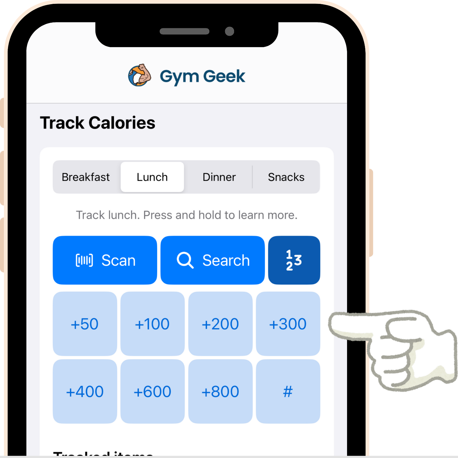 screenshot - After pressing the 123 button, the app shows the quick track options - +50, +100, +200, +300, +400, +600 and +800. You can also tap # to enter a custom number of calories.
