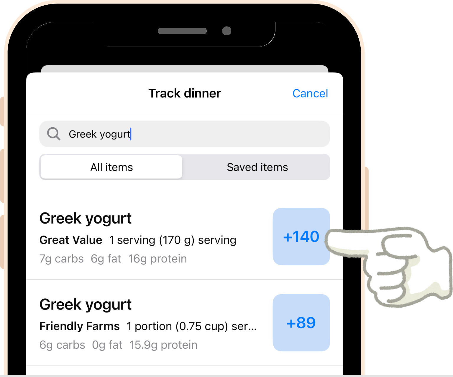 screenshot - Most search results from the food database can be quick tracked. Simply click the blue + button to add the calories to your breakfast, lunch, dinner or snacks.