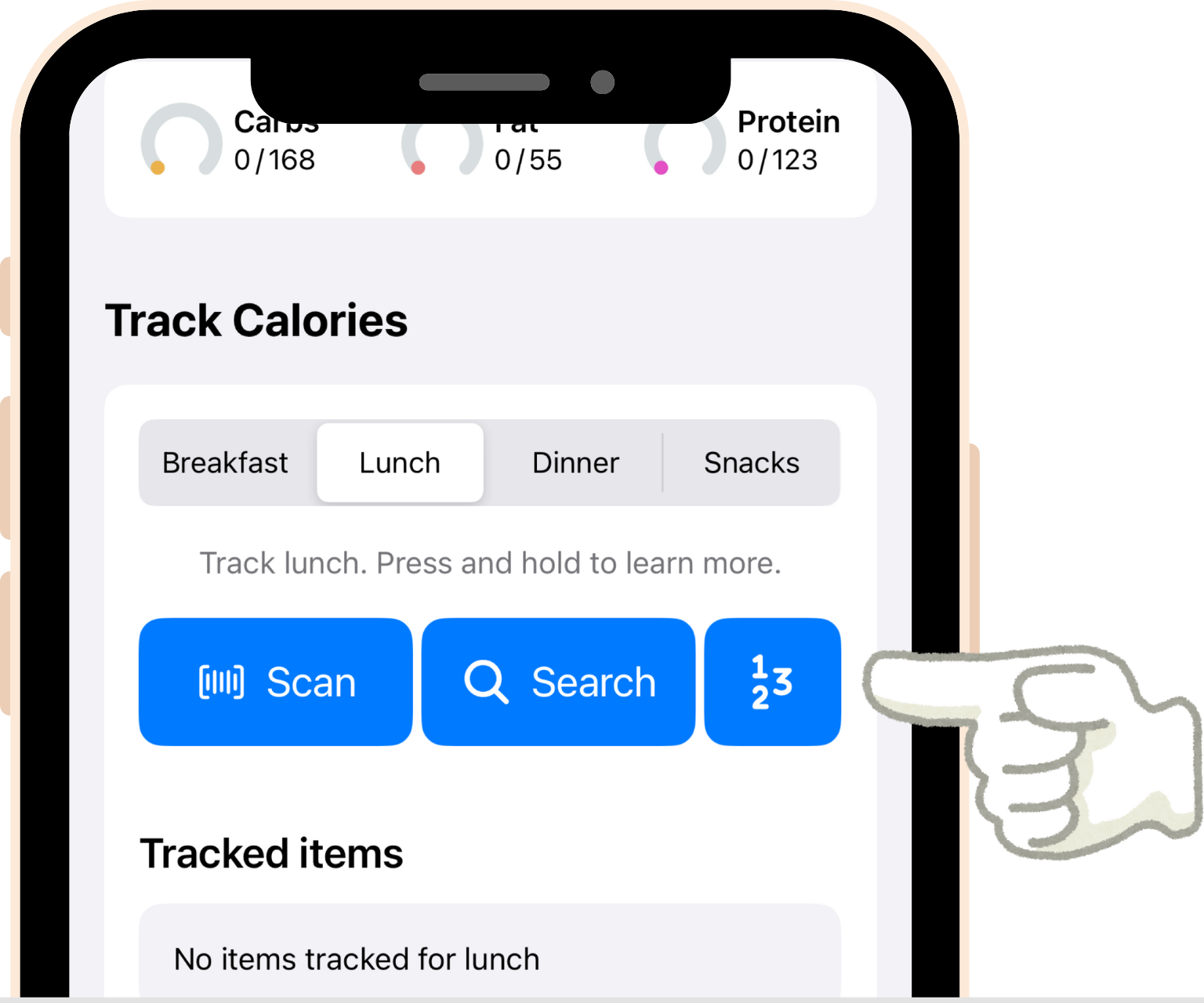 screenshot - The Track screen contains a Track Calories section. To search a food item, click the Search button.