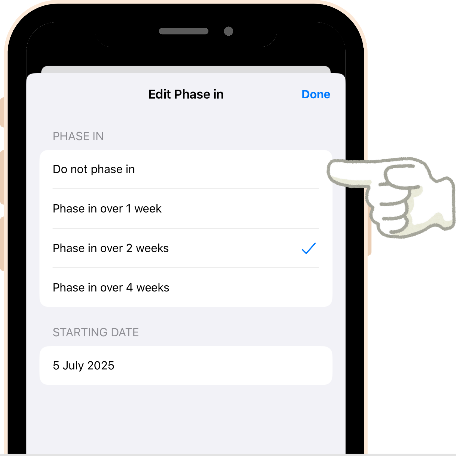 screenshot - In the Edit Phase In modal, choose a phase in option - Over 1 week, Over 2 weeks or Over 4 weeks. By default, the starting date is Today, although you can set a day in the future if you'd like to take a break from dieting.