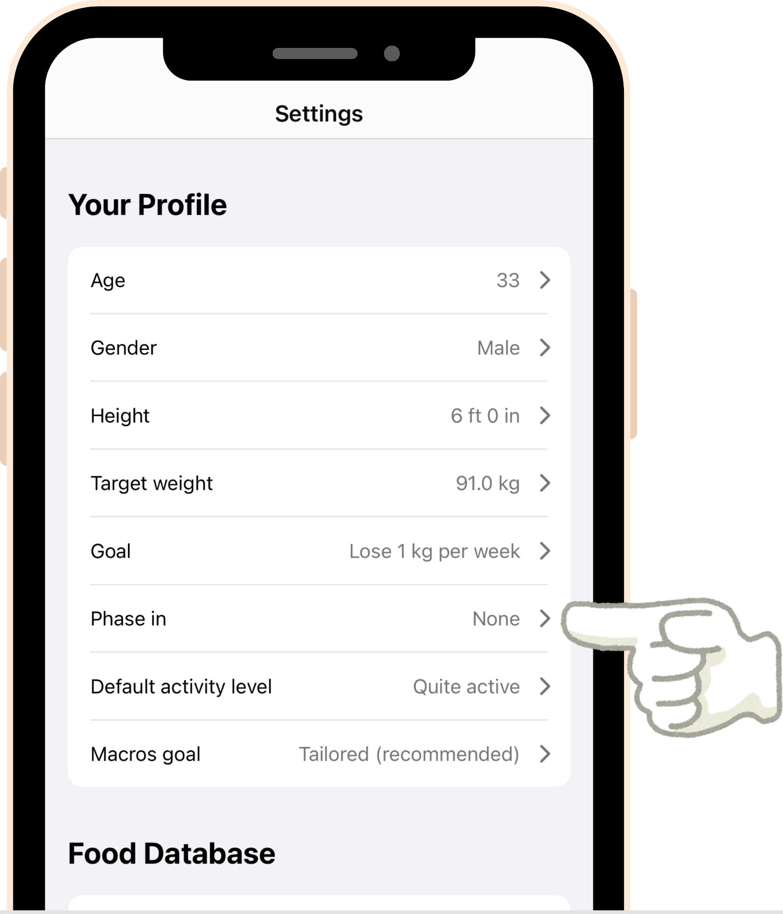 screenshot - The Settings tab lists all the available options that affect your calorie goal. Choose the Phase In setting if you would like to set up a Phase In goal.