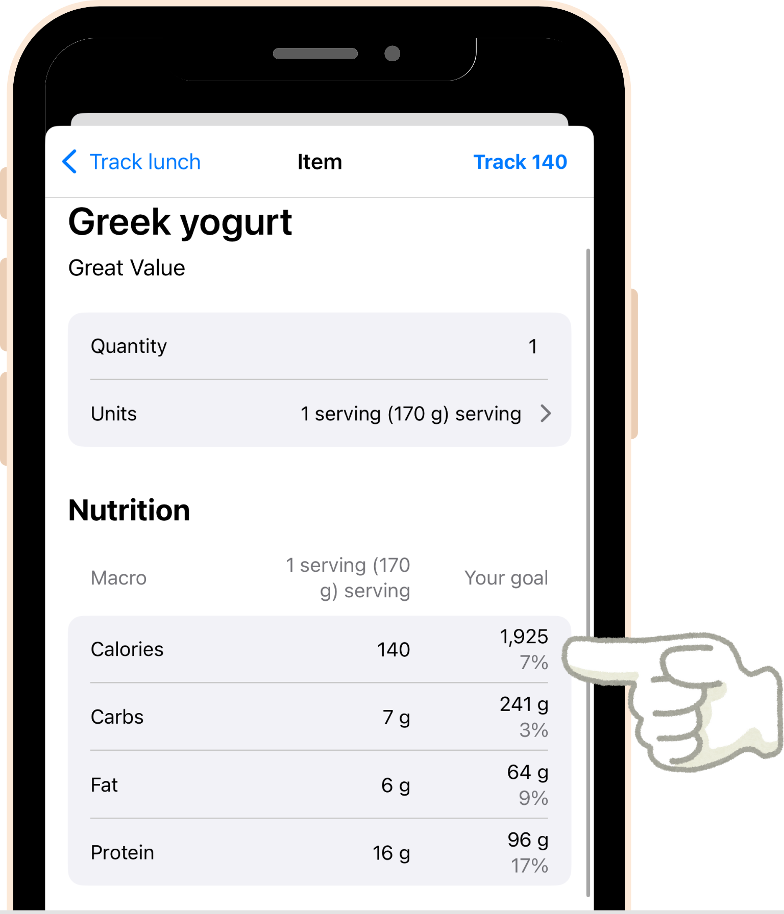 screenshot - The food detail screen contains a macronutrient table listing calories, carbohydrates, fat, protein. The figures are displayed per chosen quantity and as a percentage of your daily goal.