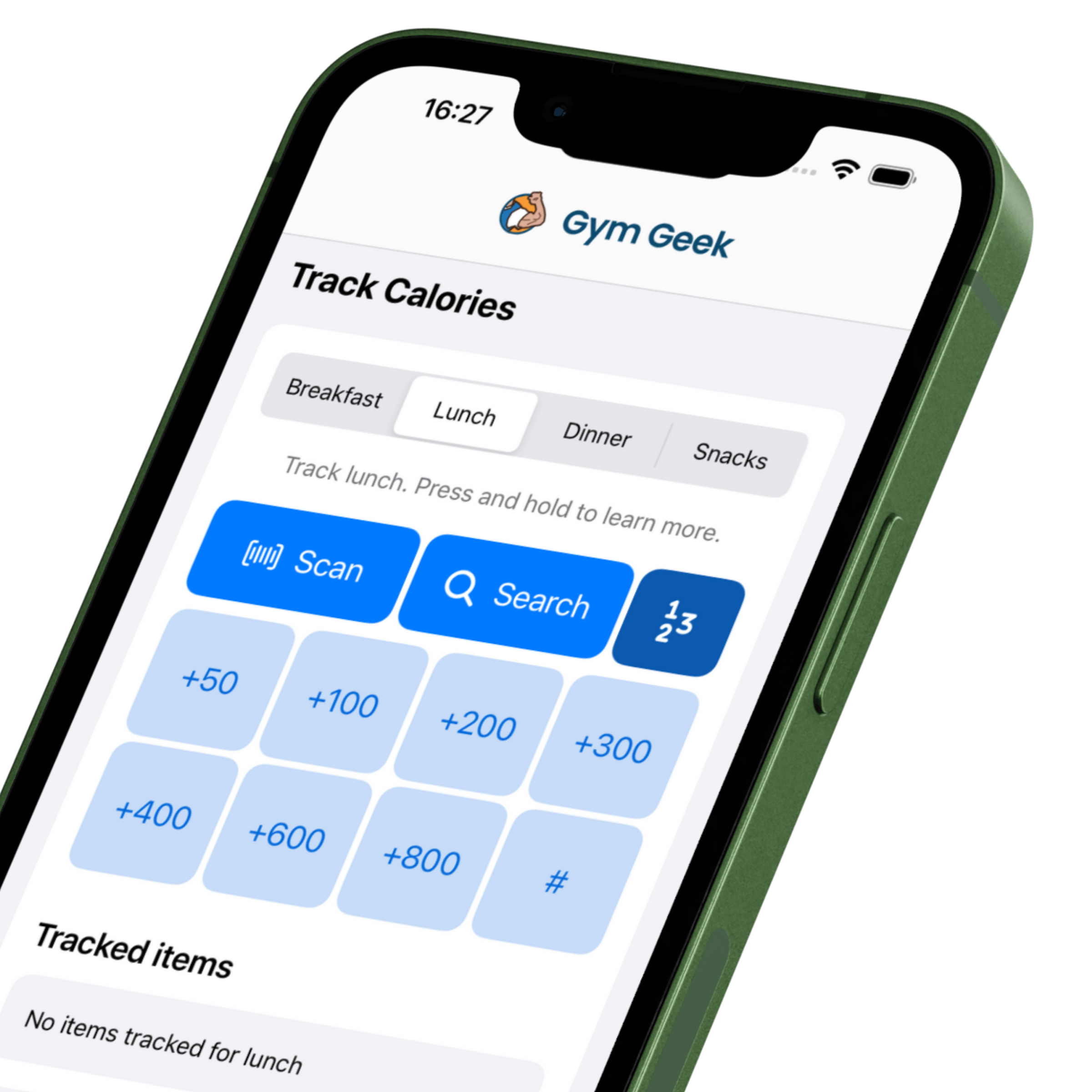 Screenshot showing the Gym Geek calorie tracking app